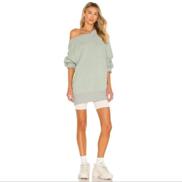 Free people lime green gray off the shoulder tunic sweater size XS - Picture 14 of 16
